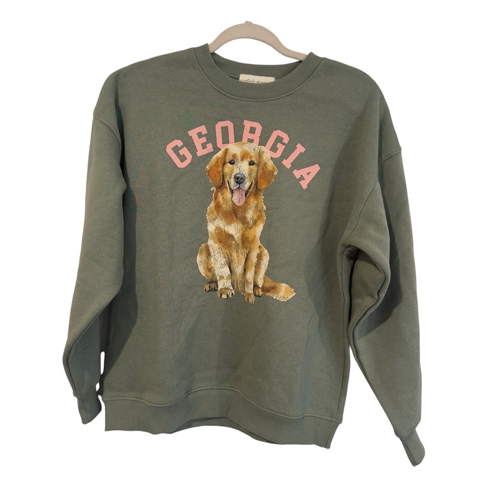 State of Mine Georgia Golden Retriever Graphic Sweatshirt Olive Green XS NEW